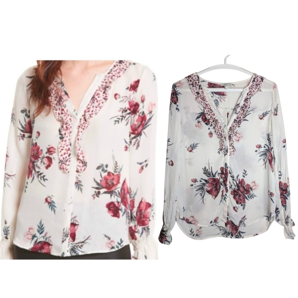 Joie Floral 100% Silk Long Sleeve Blouse Button Up Spring Fairy Feminine Office